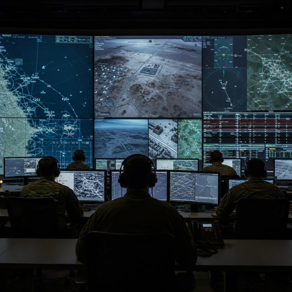 An operator interacting with a touchscreen showing merged radar and optical sensor tracks.