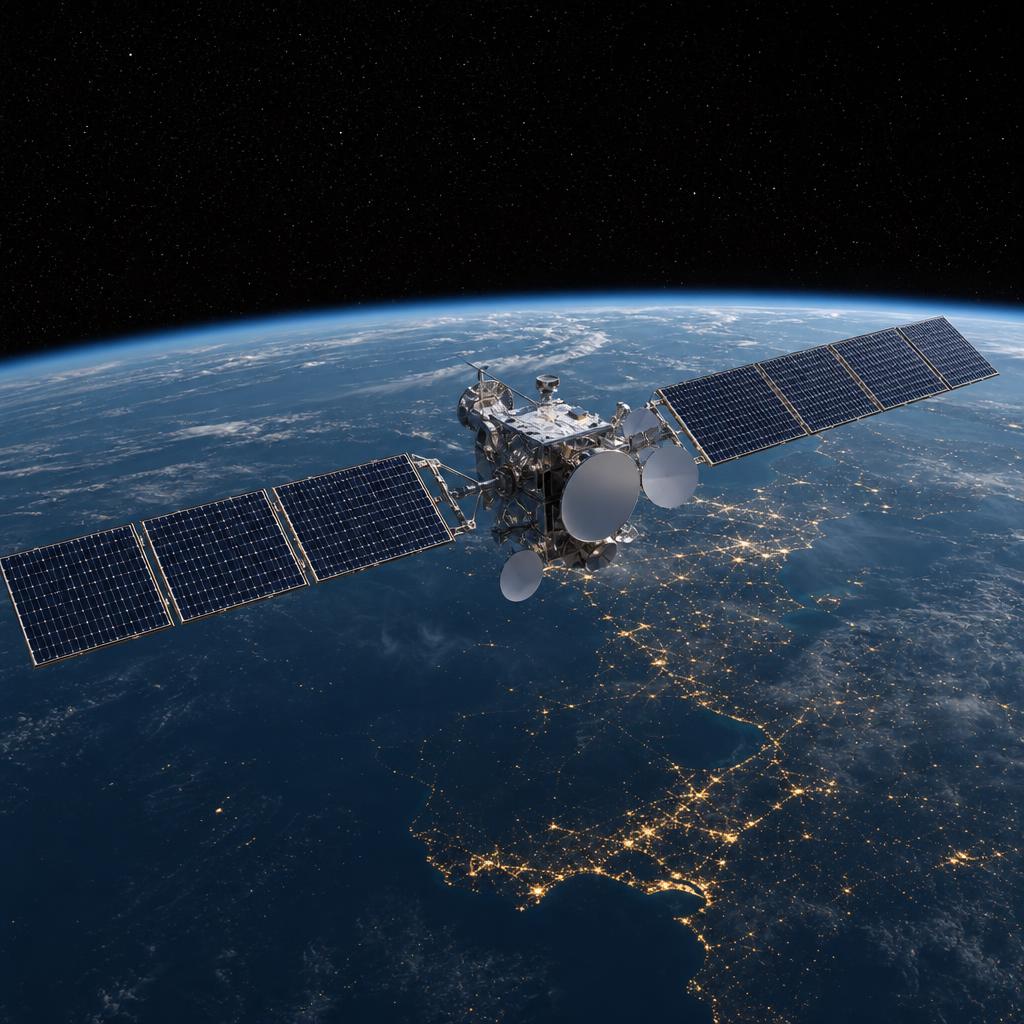 Satellite ground terminal with a communications dish tracking a low-earth-orbit pass.