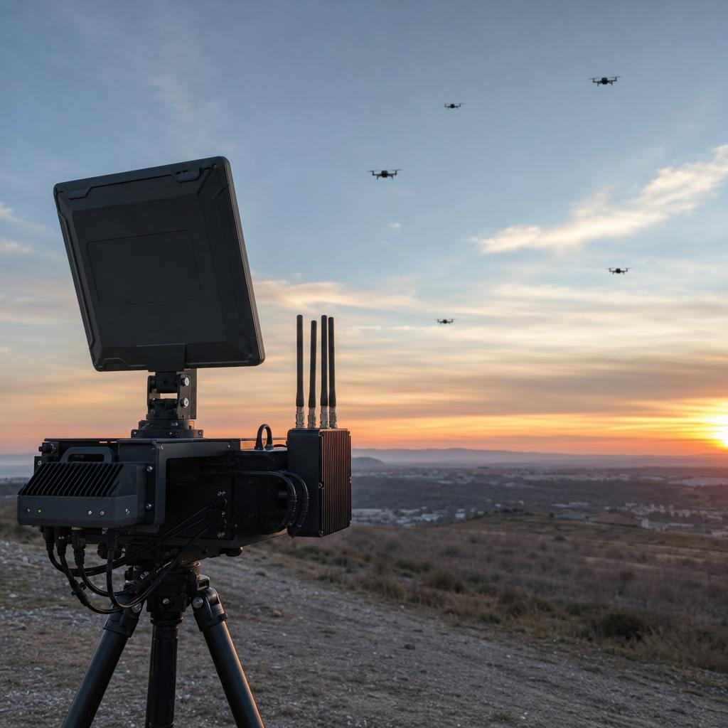 A fused air-picture display showing multiple tracked drones cued to different effectors.