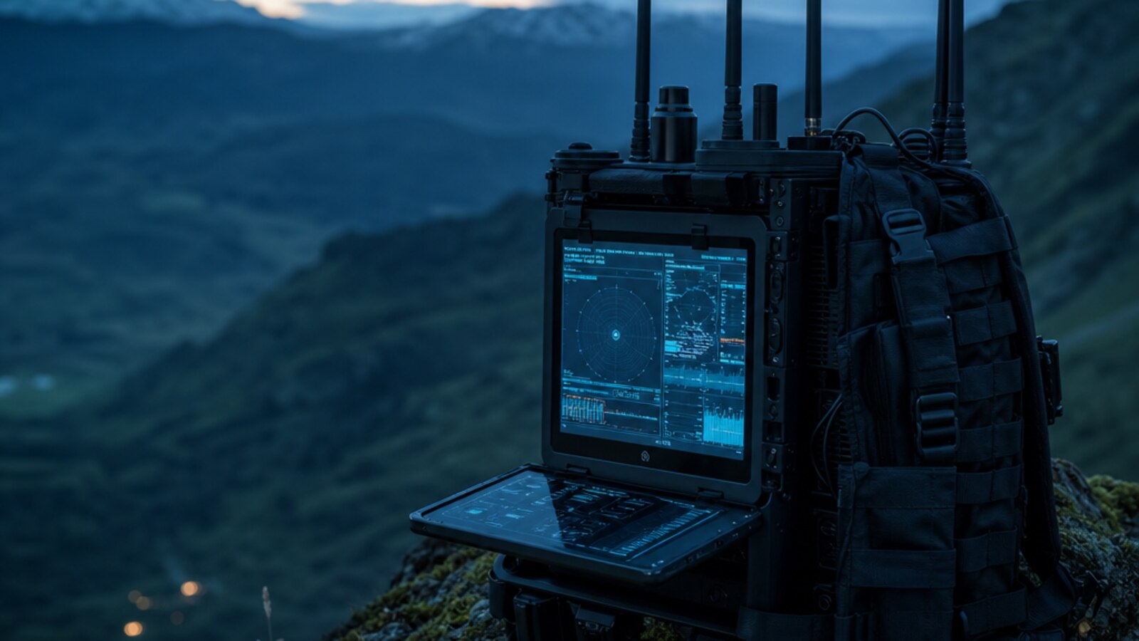 A field-deployed drone-detection manpack with RF antenna array and radar display, positioned at elevation to extend a team's counter-UAS awareness.