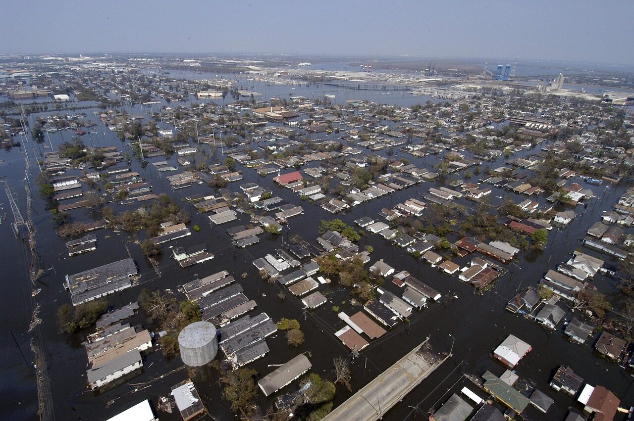 Flooded coastal district viewed from above during post-event damage assessment.