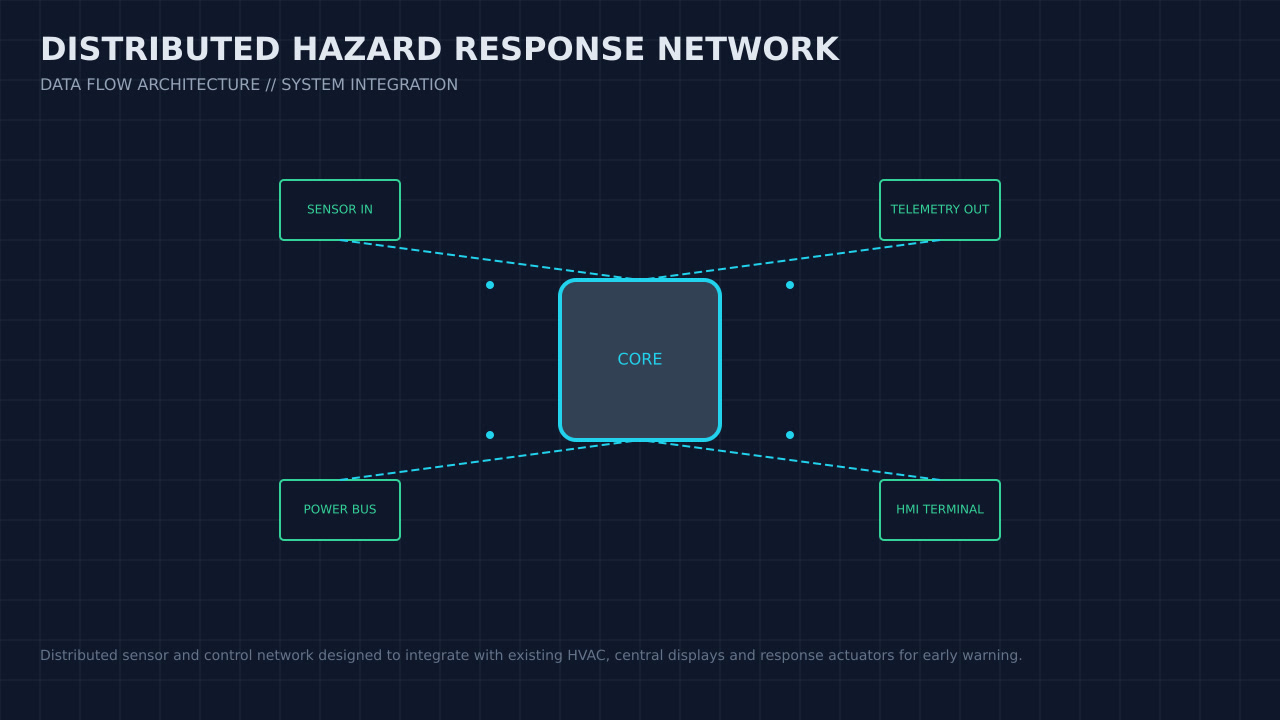 Illustration, not a photograph, of the distributed hazard response network configuration and its published integration boundary.