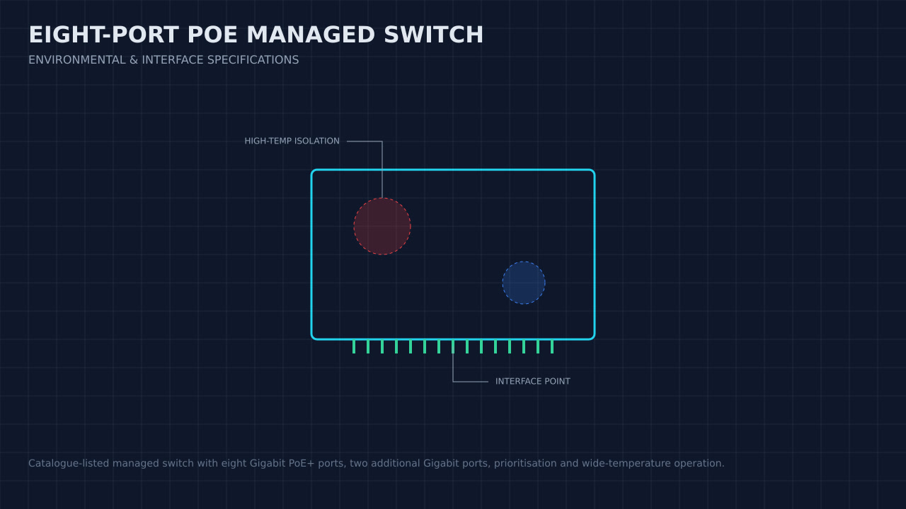 Illustration, not a photograph, of a technical review of the eight-port poe managed switch record.