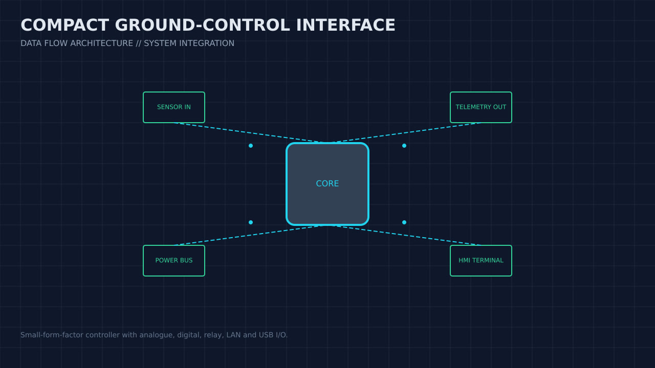 Illustration, not a photograph, of the compact ground-control interface configuration and its published integration boundary.
