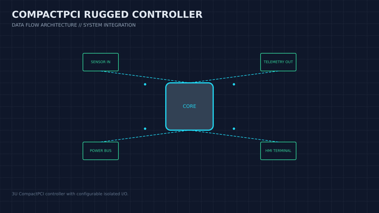 Illustration, not a photograph, of the compactpci rugged controller configuration and its published integration boundary.