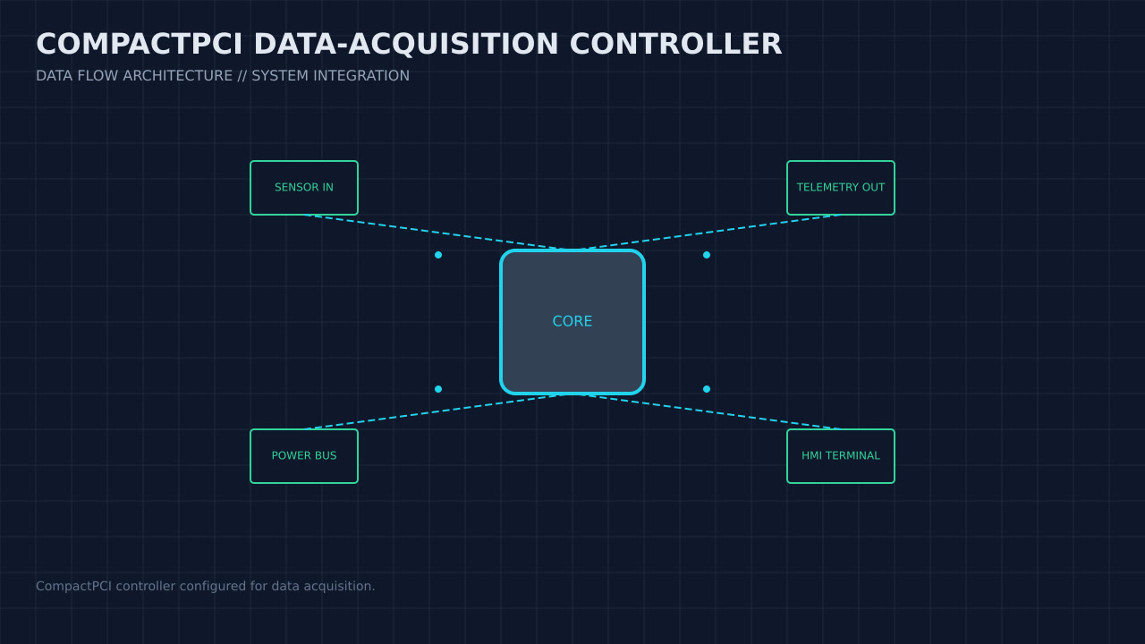 Illustration, not a photograph, of the compactpci data-acquisition controller configuration and its published integration boundary.