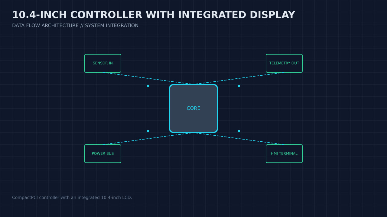 Illustration, not a photograph, of the 10.4-inch controller with integrated display configuration and its published integration boundary.