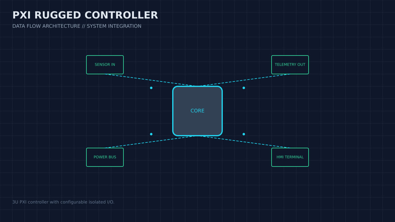 Illustration, not a photograph, of the pxi rugged controller configuration and its published integration boundary.