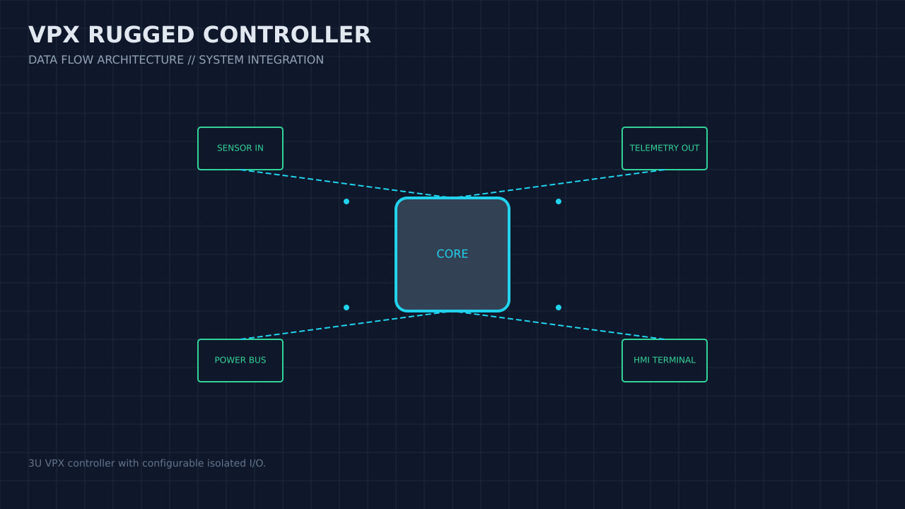 Illustration, not a photograph, of the vpx rugged controller configuration and its published integration boundary.