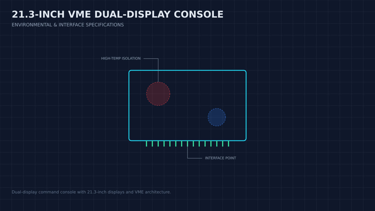Illustration, not a photograph, of a technical review of the 21.3-inch vme dual-display console record.