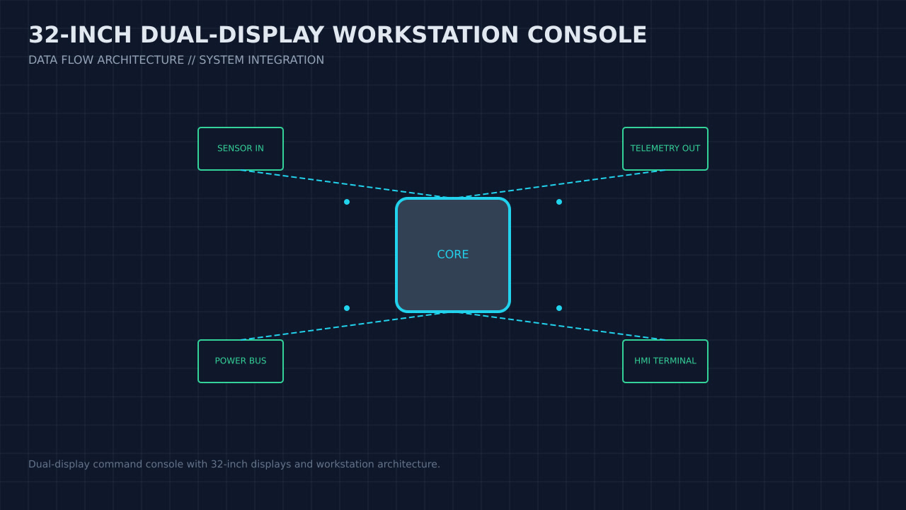 Illustration, not a photograph, of the 32-inch dual-display workstation console configuration and its published integration boundary.