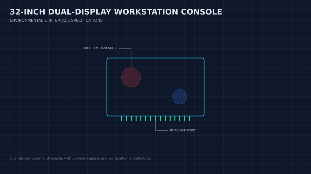 Illustration, not a photograph, of a technical review of the 32-inch dual-display workstation console record.