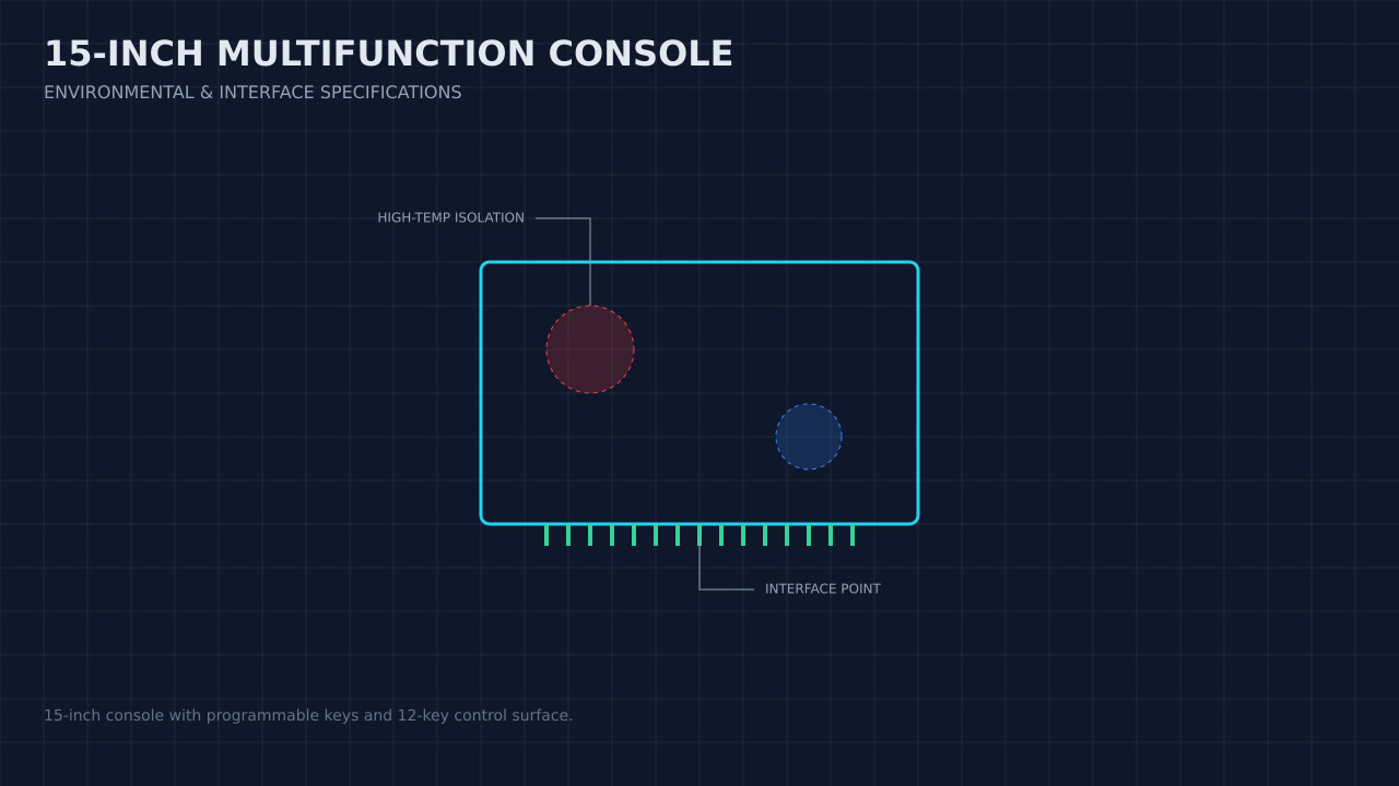 Illustration, not a photograph, of a technical review of the 15-inch multifunction console record.