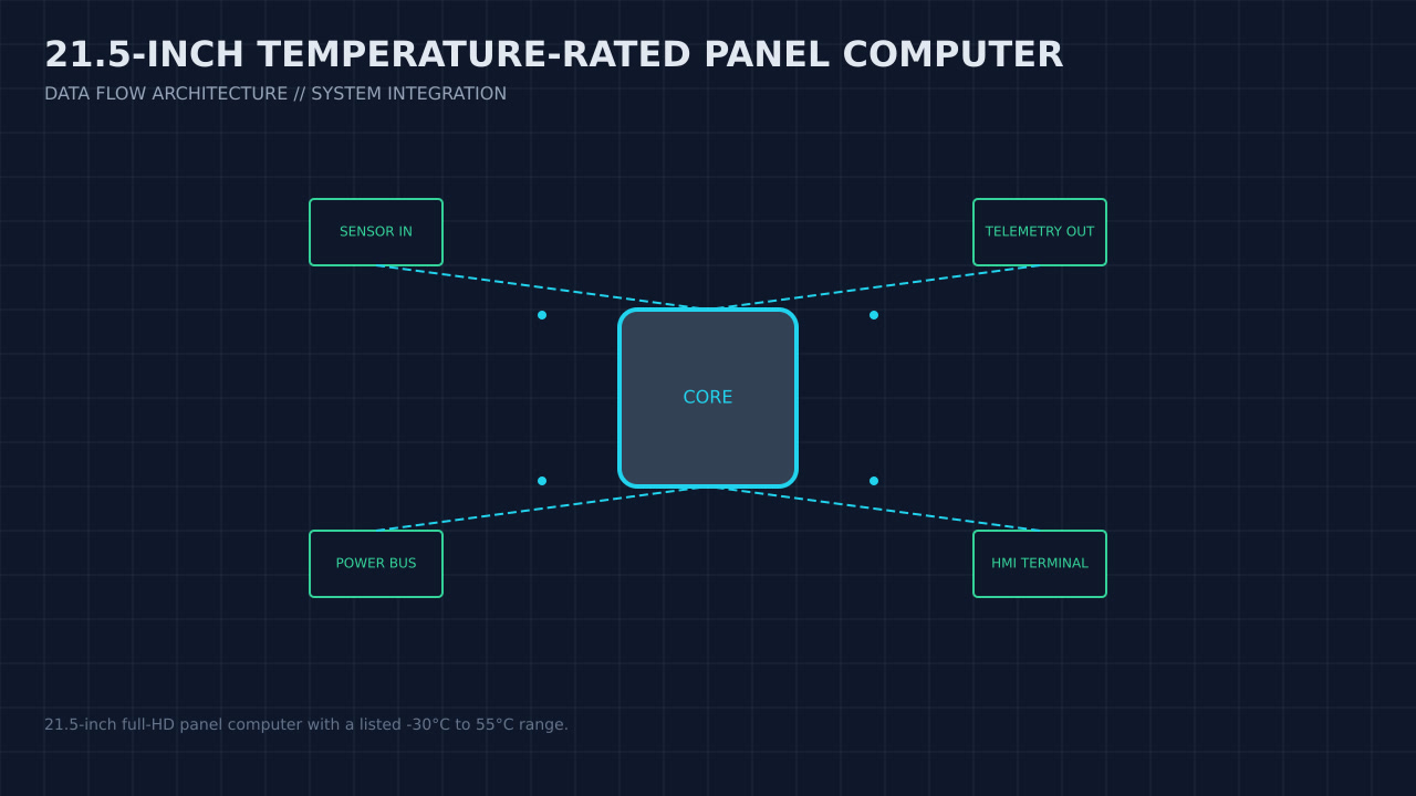 Illustration, not a photograph, of the 21.5-inch temperature-rated panel computer configuration and its published integration boundary.