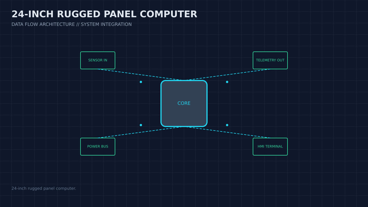 Illustration, not a photograph, of the 24-inch rugged panel computer configuration and its published integration boundary.