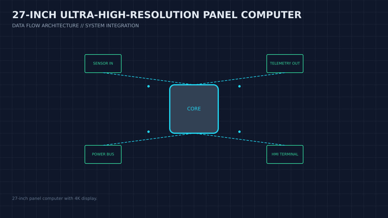Illustration, not a photograph, of the 27-inch ultra-high-resolution panel computer configuration and its published integration boundary.