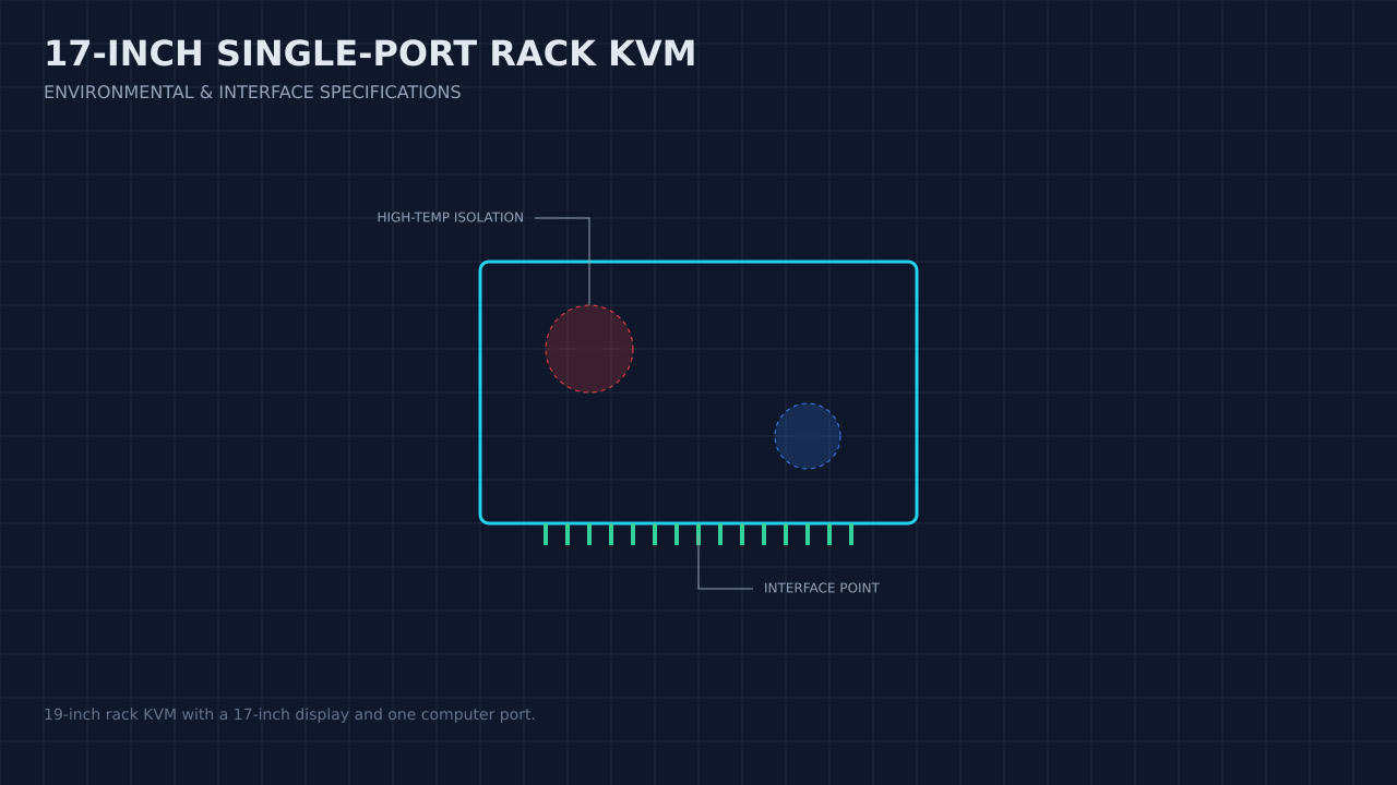 Illustration, not a photograph, of a technical review of the 17-inch single-port rack kvm record.