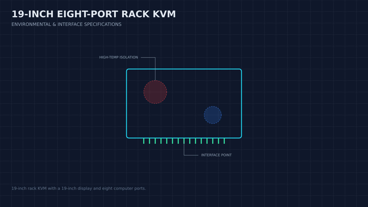 Illustration, not a photograph, of a technical review of the 19-inch eight-port rack kvm record.
