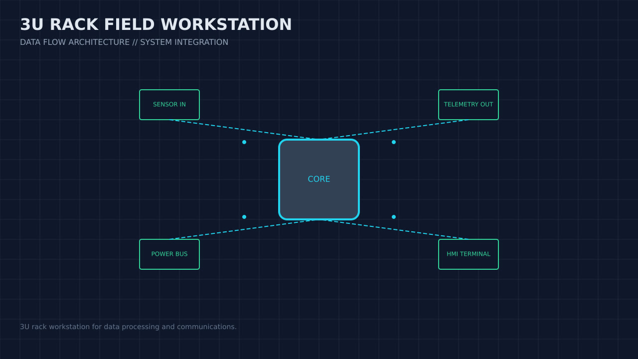 Illustration, not a photograph, of the 3u rack field workstation configuration and its published integration boundary.