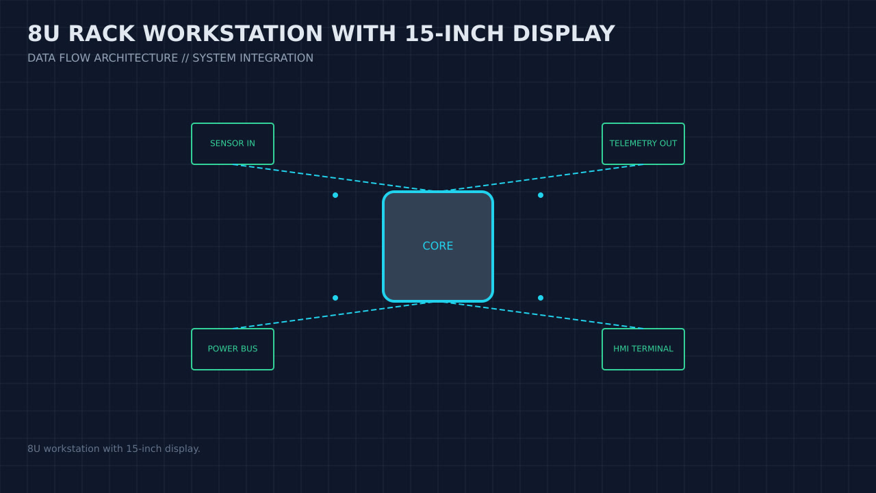 Illustration, not a photograph, of the 8u rack workstation with 15-inch display configuration and its published integration boundary.