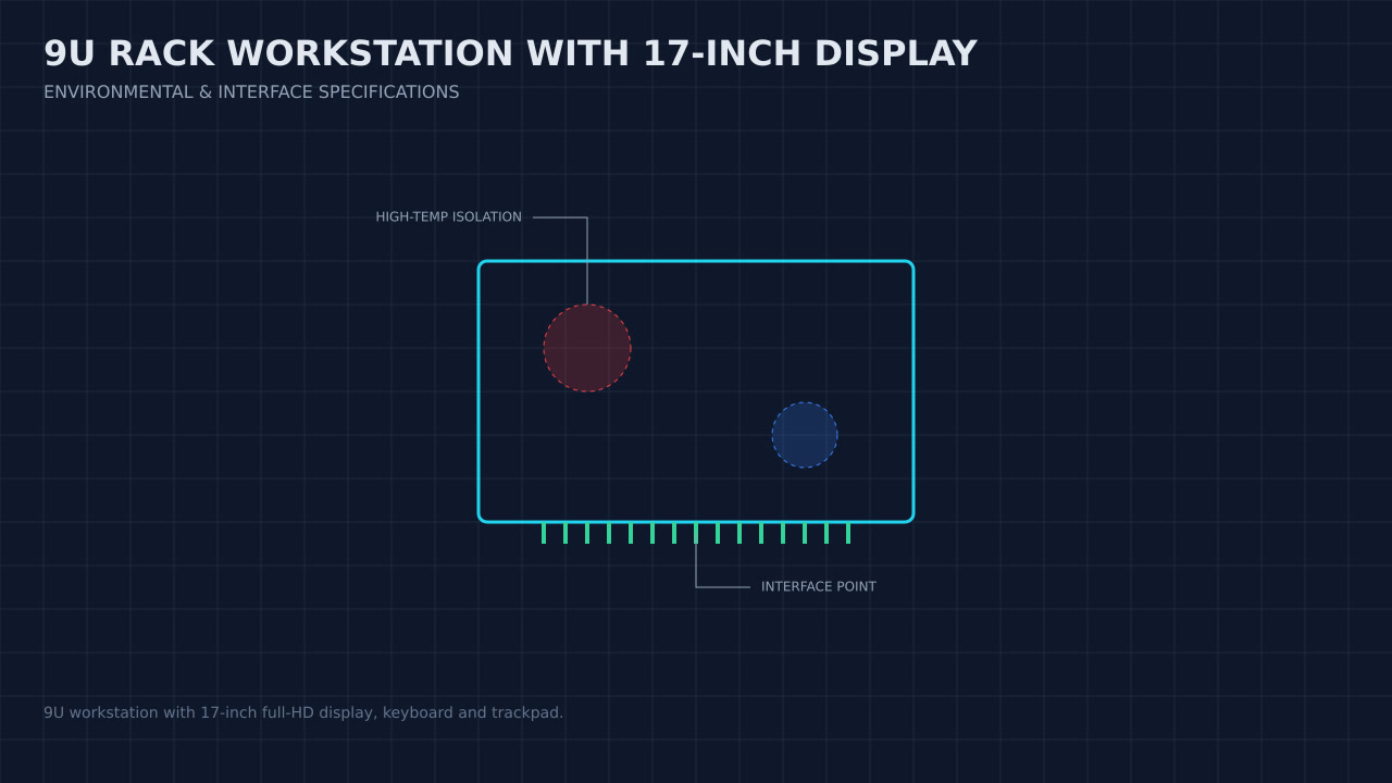 Illustration, not a photograph, of a technical review of the 9u rack workstation with 17-inch display record.