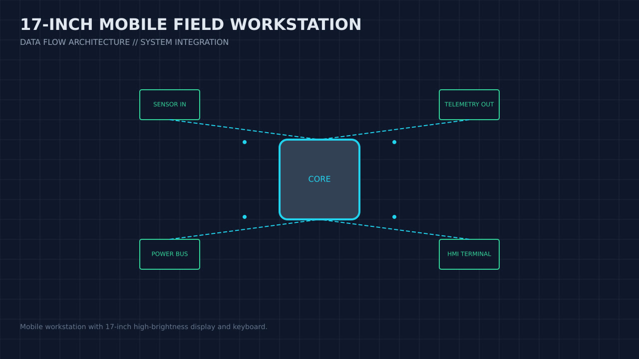 Illustration, not a photograph, of the 17-inch mobile field workstation configuration and its published integration boundary.