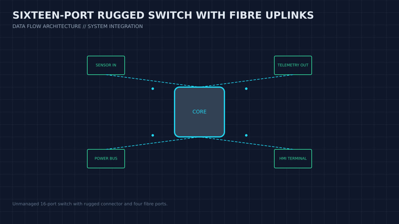 Illustration, not a photograph, of the sixteen-port rugged switch with fibre uplinks configuration and its published integration boundary.