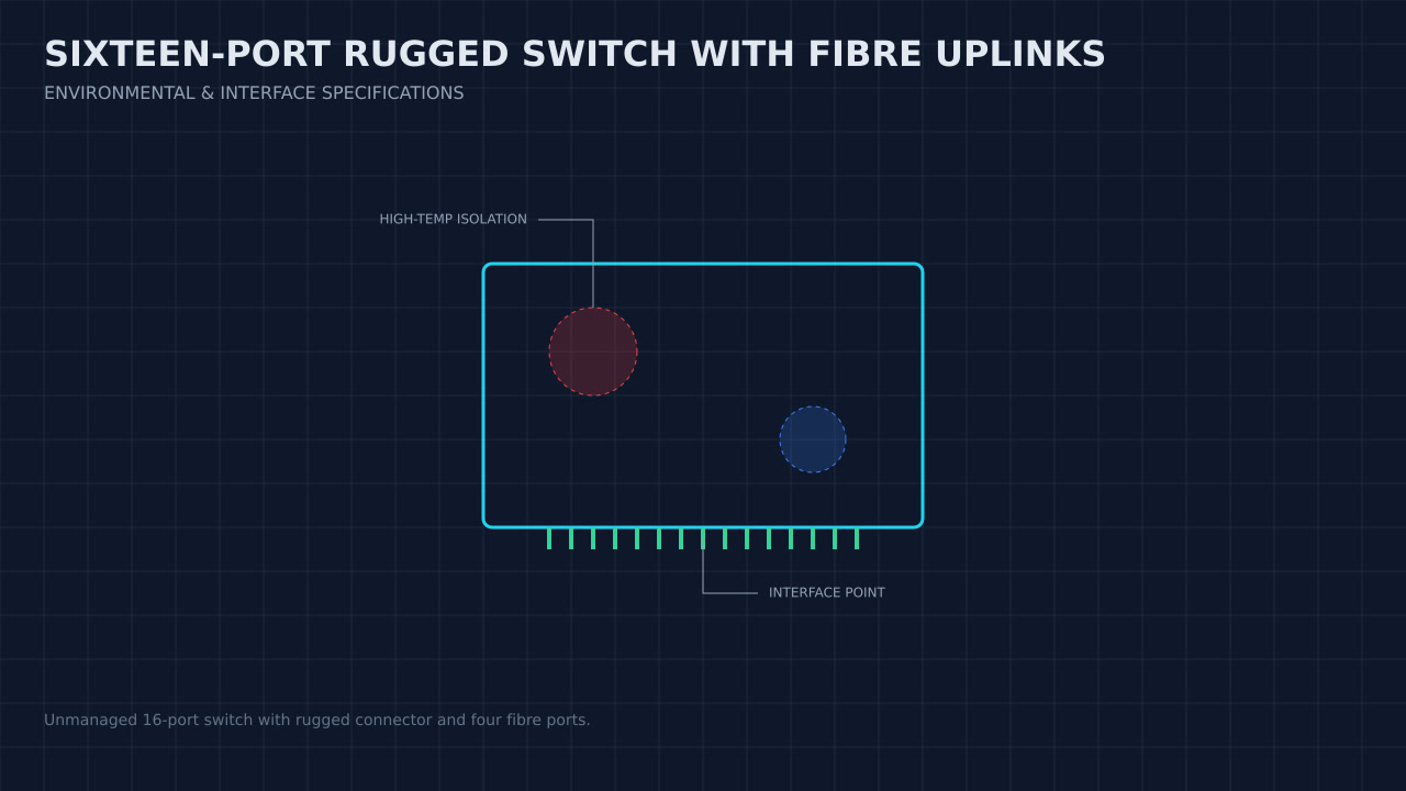Illustration, not a photograph, of a technical review of the sixteen-port rugged switch with fibre uplinks record.