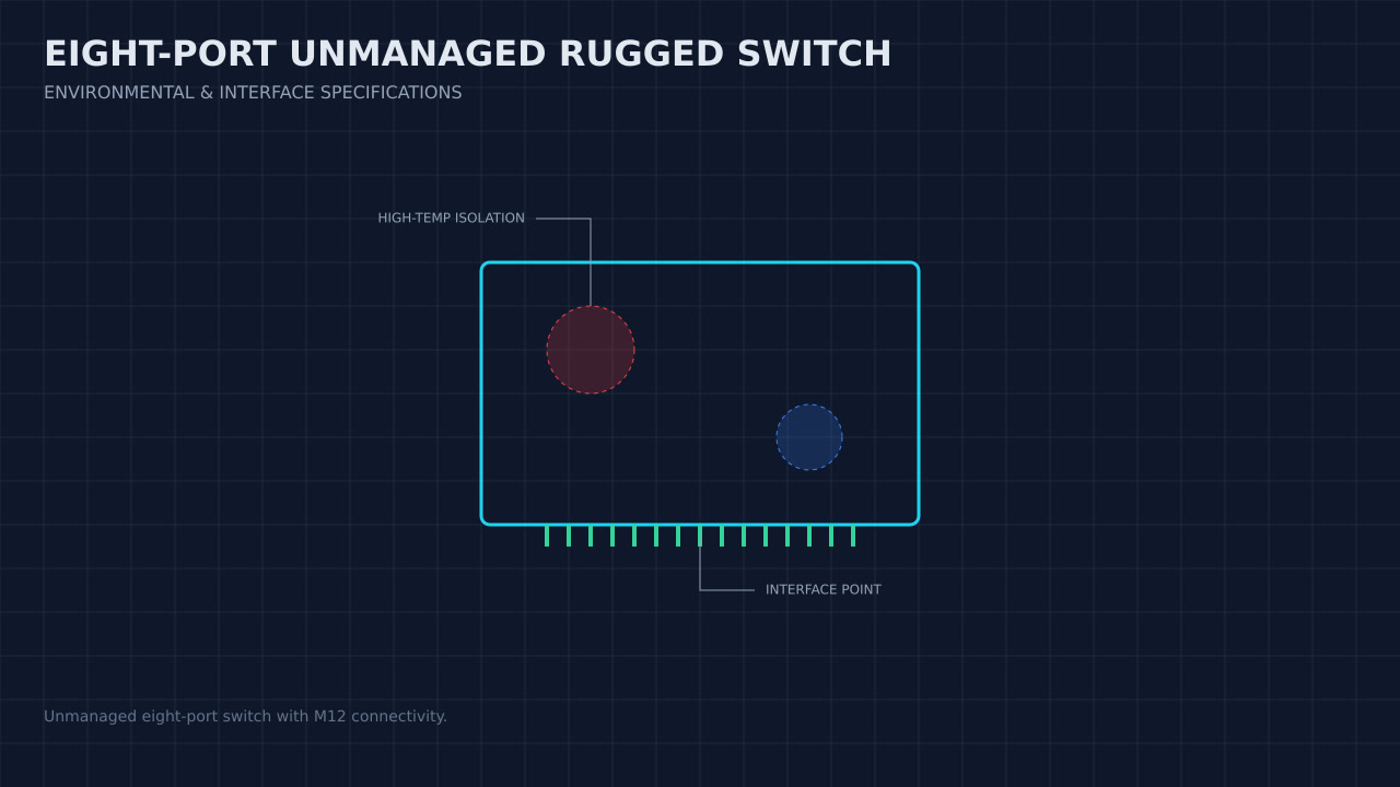 Illustration, not a photograph, of a technical review of the eight-port unmanaged rugged switch record.