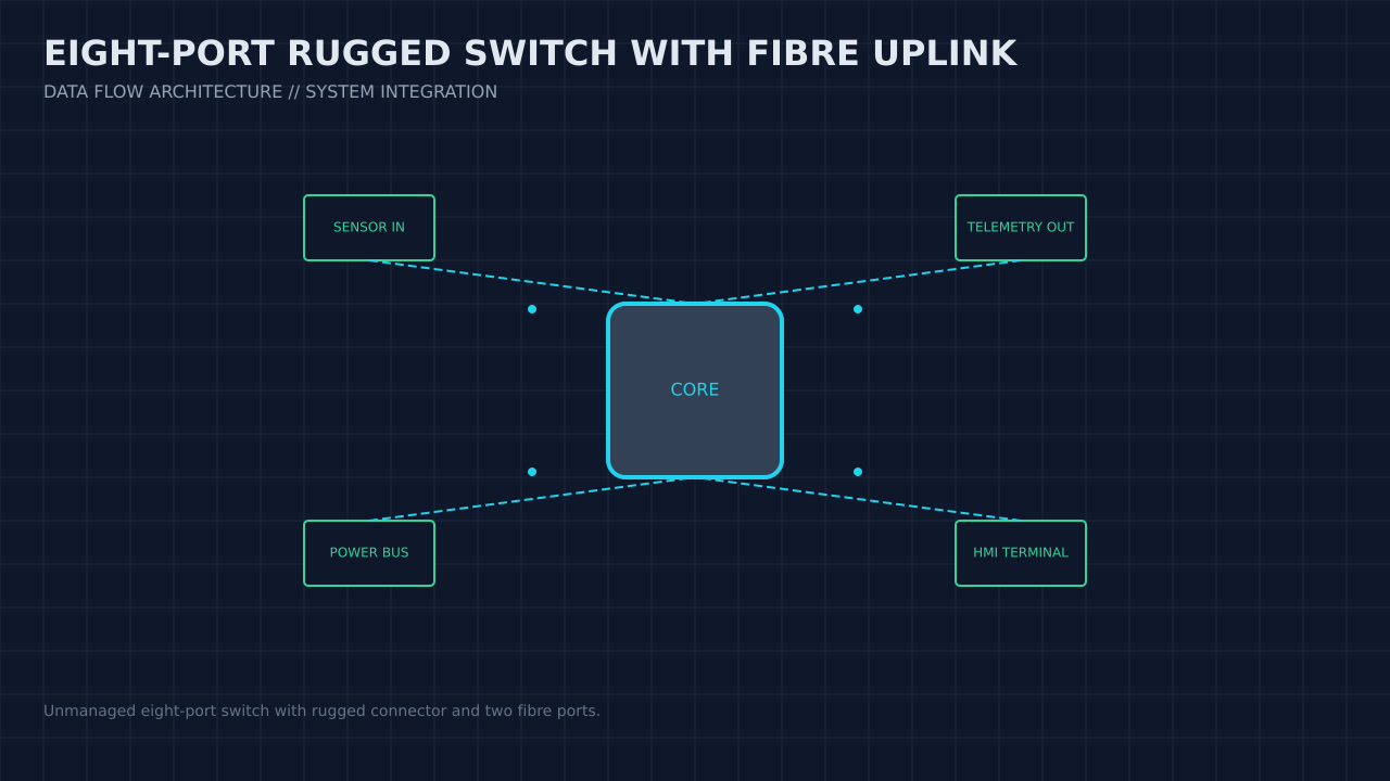 Illustration, not a photograph, of the eight-port rugged switch with fibre uplink configuration and its published integration boundary.