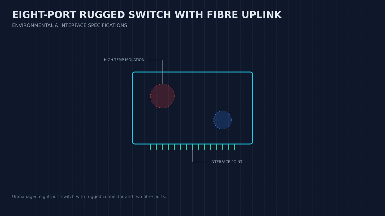 Illustration, not a photograph, of a technical review of the eight-port rugged switch with fibre uplink record.