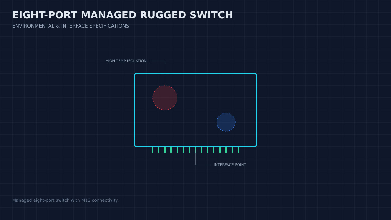 Illustration, not a photograph, of a technical review of the eight-port managed rugged switch record.