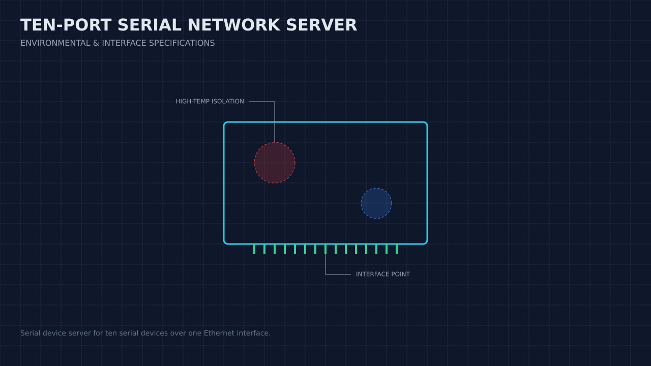 Illustration, not a photograph, of a technical review of the ten-port serial network server record.