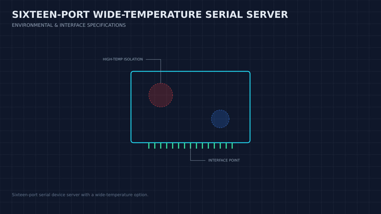 Illustration, not a photograph, of a technical review of the sixteen-port wide-temperature serial server record.