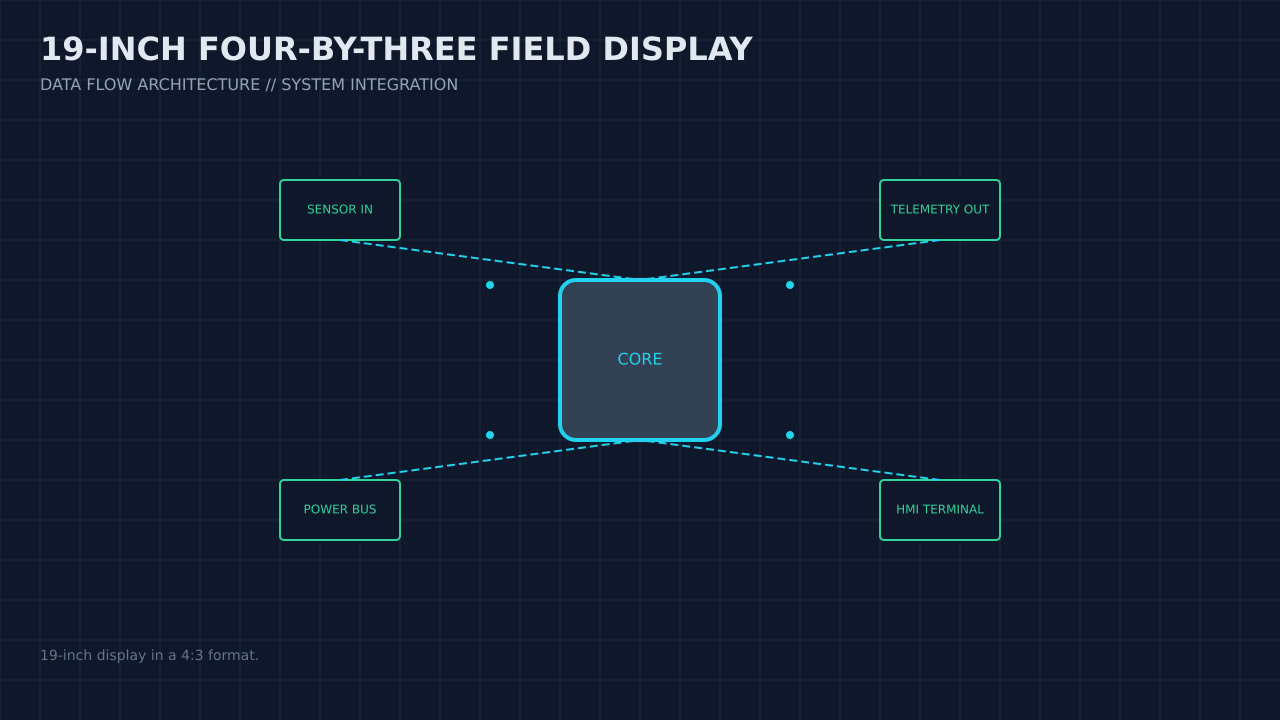 Illustration, not a photograph, of the 19-inch four-by-three field display configuration and its published integration boundary.