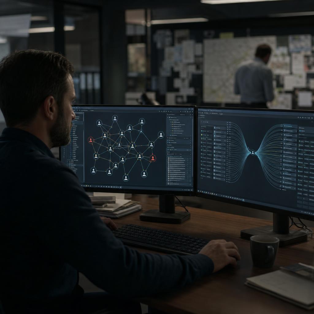 An investigator tracing transaction networks across a financial-flow analysis screen.