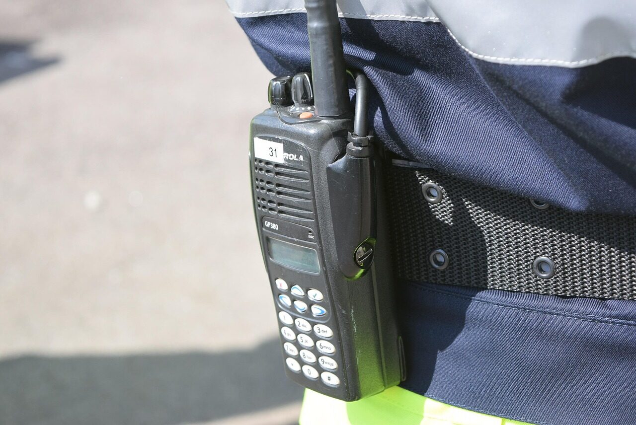 A compact transceiver and wire antenna set up during a civil-defence contingency drill.