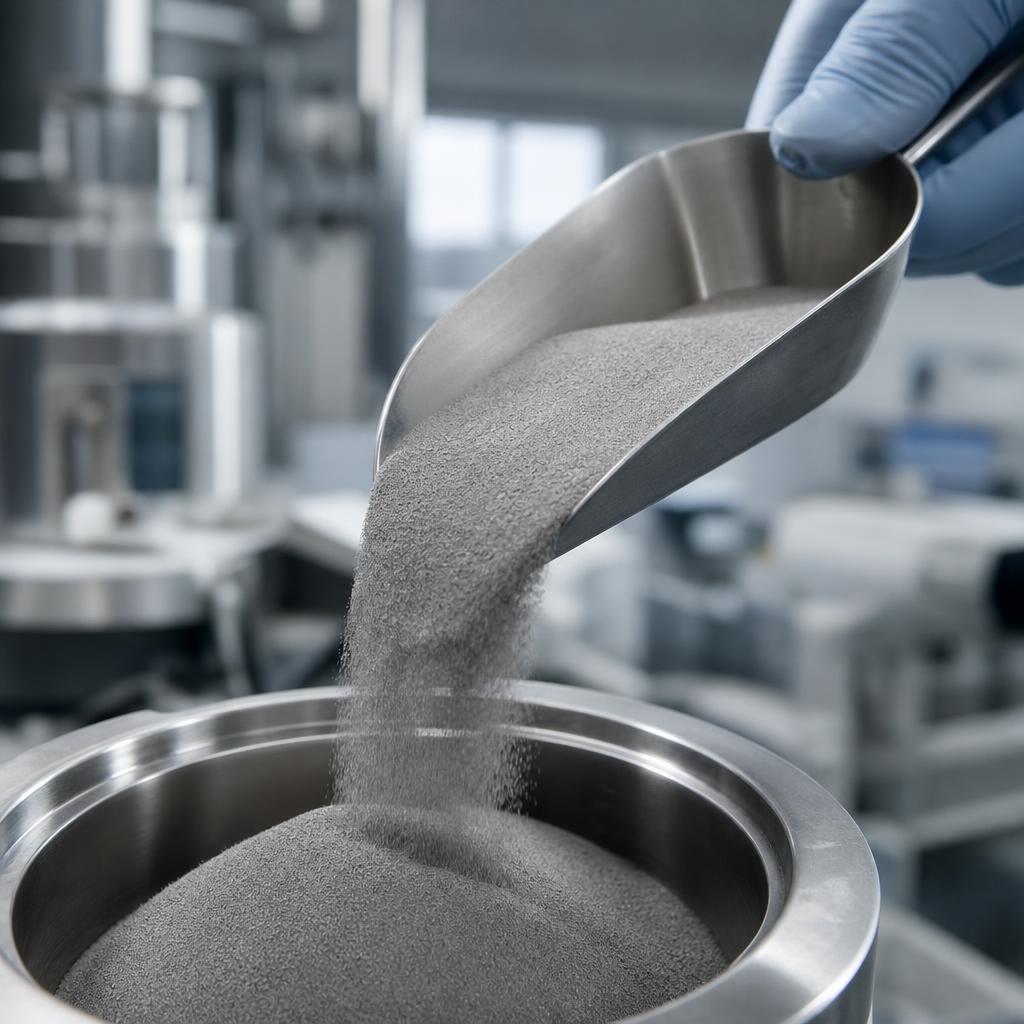Fine metal powder being poured and sampled during quality control at a production facility.