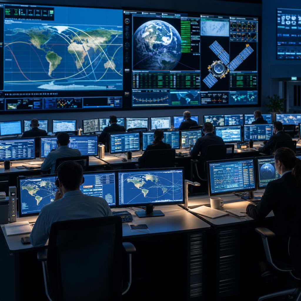 Screen showing satellite tasking and telemetry planning in a national operations centre.