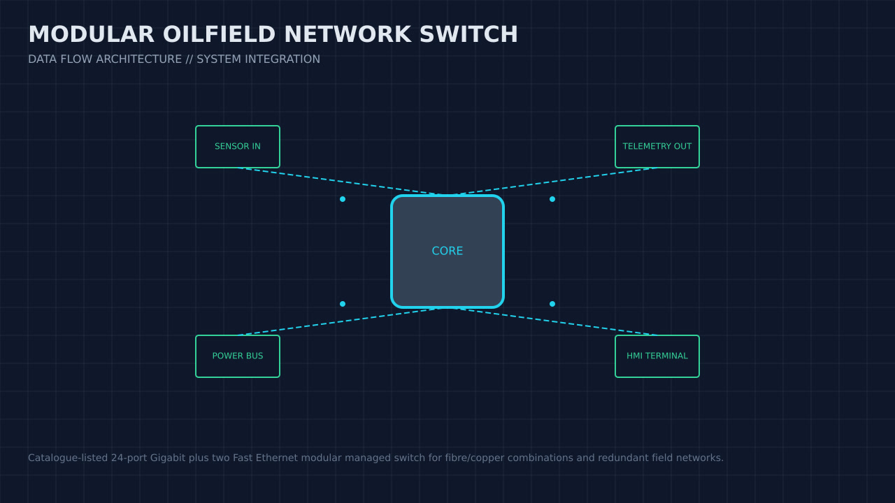 Illustration, not a photograph, of the modular oilfield network switch configuration and its published integration boundary.