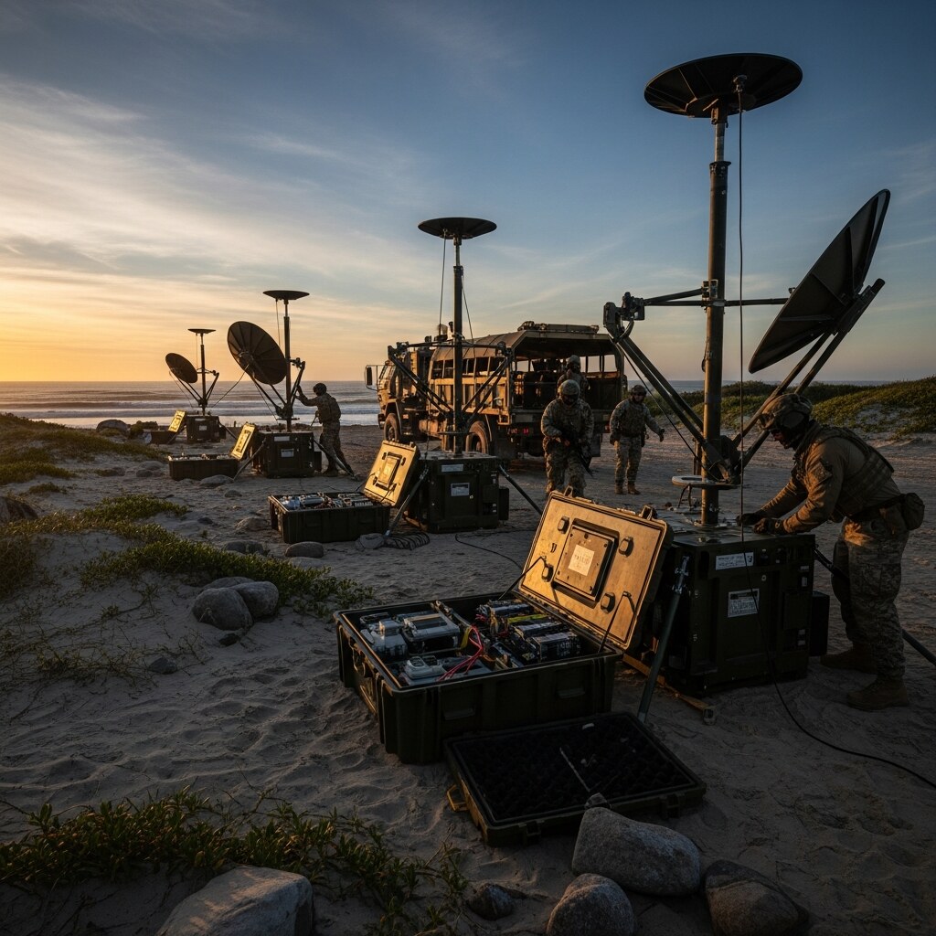 Deployable satellite ground terminal being set up at a disaster-affected site.