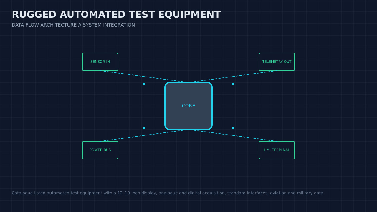 Illustration, not a photograph, of the rugged automated test equipment configuration and its published integration boundary.