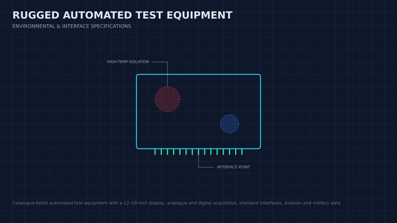 Illustration, not a photograph, of a technical review of the rugged automated test equipment record.