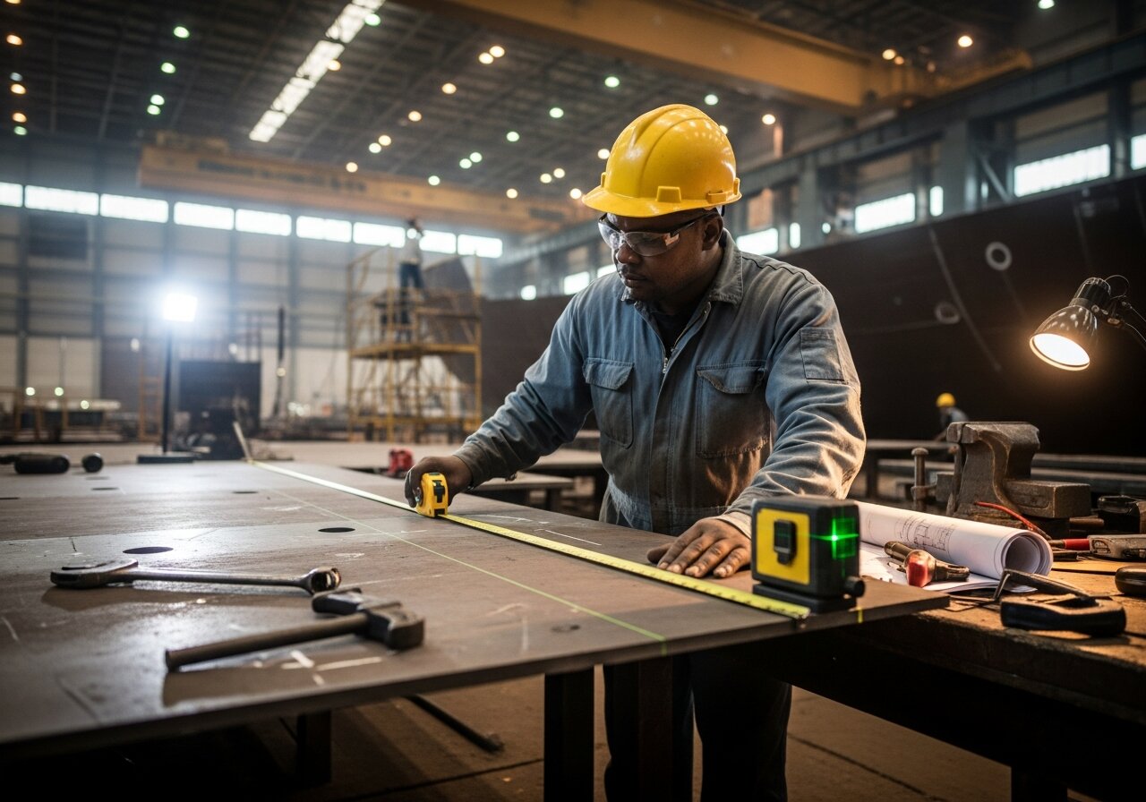Shipyard fitter aligning a steel plate section inside a fabrication hall ahead of welding.