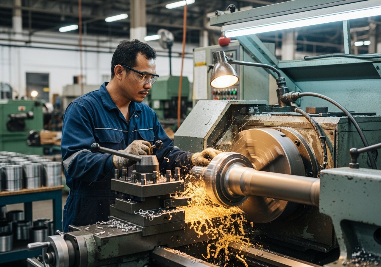 Turner machining a marine shaft component to tolerance in the yard's engineering workshop.