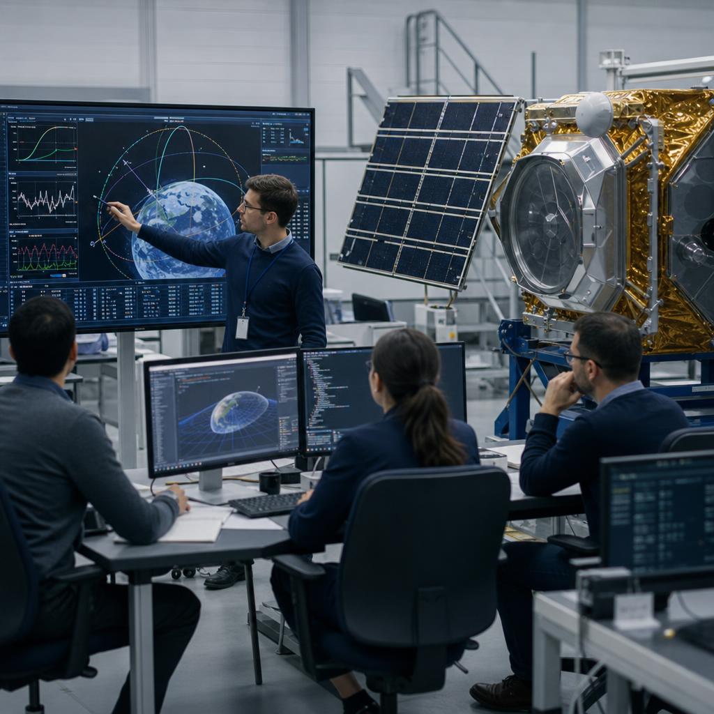 Instructor guiding national trainees through a satellite operations console.