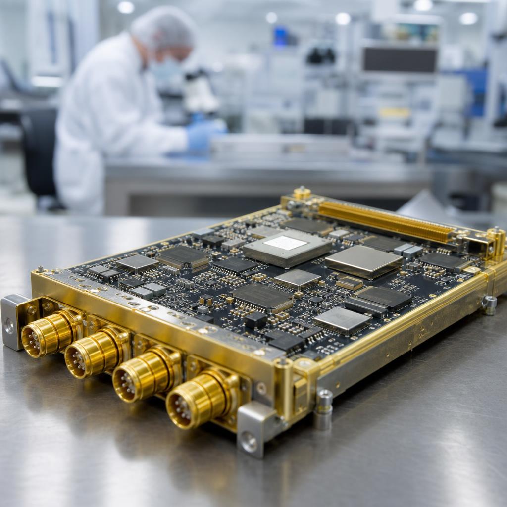 Spacecraft subsystem undergoing thermal-vacuum qualification testing before flight.