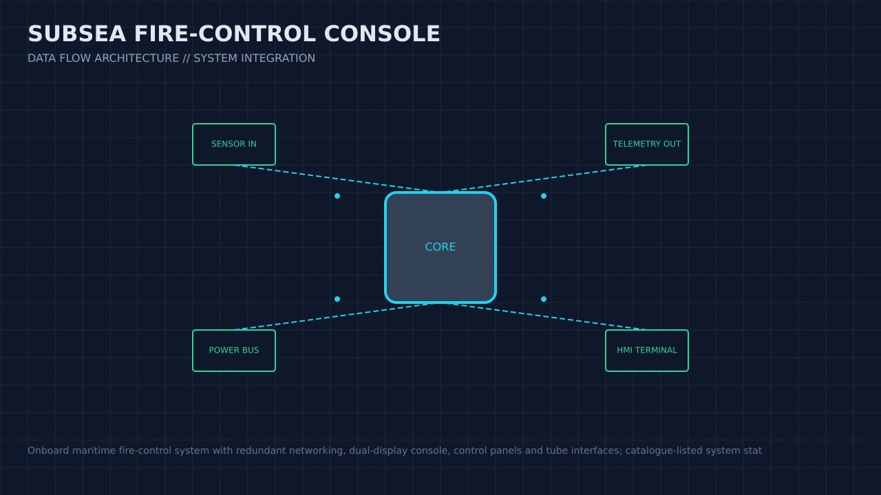 Illustration, not a photograph, of the subsea fire-control console configuration and its published integration boundary.