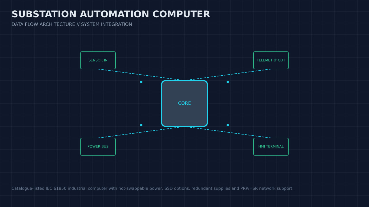 Illustration, not a photograph, of the substation automation computer configuration and its published integration boundary.