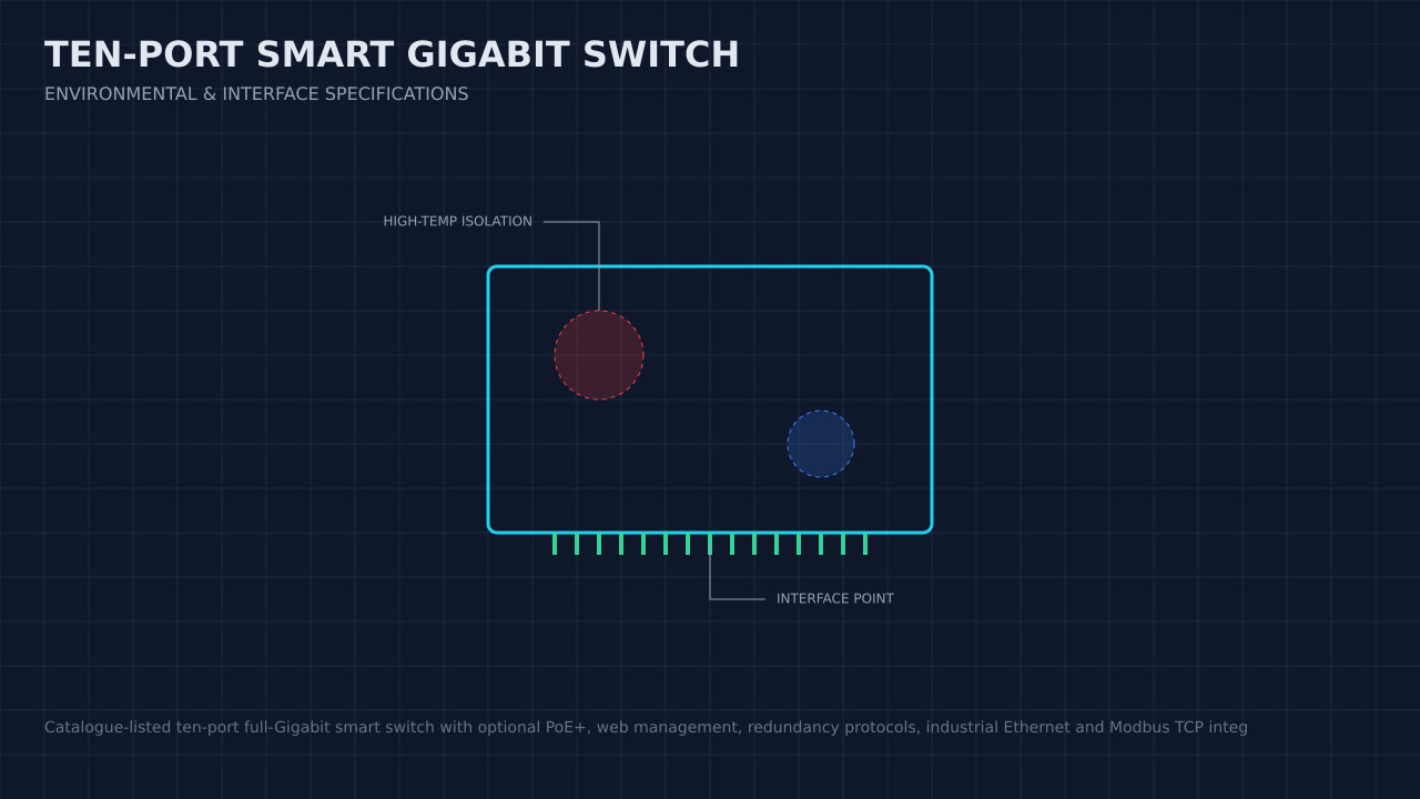 Illustration, not a photograph, of a technical review of the ten-port smart gigabit switch record.